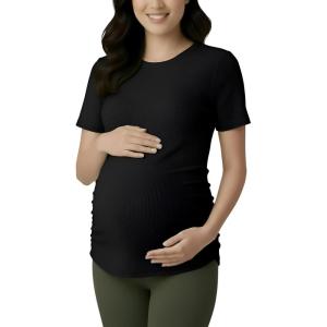 image:imageMotherhood Maternity Womens Short Sleeve Crew Neck Side Ruching Pregnancy Tee ShirtBlack