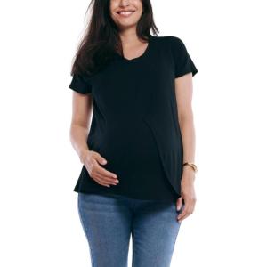 image:imageMotherhood Maternity Womens Short Sleeve Scoop Neck Layered Tulip Nursing Tee ShirtSolid Black