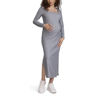 image:imageMotherhood Maternity Womens Long Sleeve Ribbed Square Neck Bodycon Casual Pregnancy DressHeather Grey