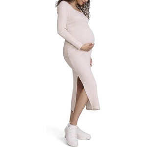 image:imageMotherhood Maternity Womens Long Sleeve Ribbed Square Neck Bodycon Casual Pregnancy DressOatmeal