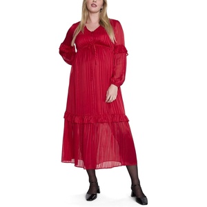 image:imageMotherhood Maternity Womens Long Sleeve VNeck Tiered Maxi Pregnancy Dress with DrawstringBarbados Cherry