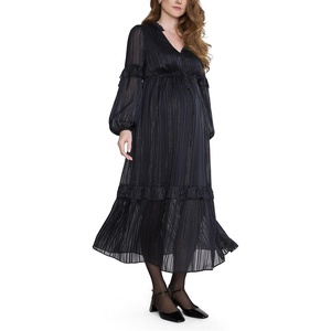 image:imageMotherhood Maternity Womens Long Sleeve VNeck Tiered Maxi Pregnancy Dress with DrawstringBlack