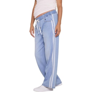 image:imageMotherhood Maternity Womens Under the Belly Tie Waist Relaxed Wide Leg Lightweight Denim Pregnancy PantsAddie Light WashWhite Side Stripes